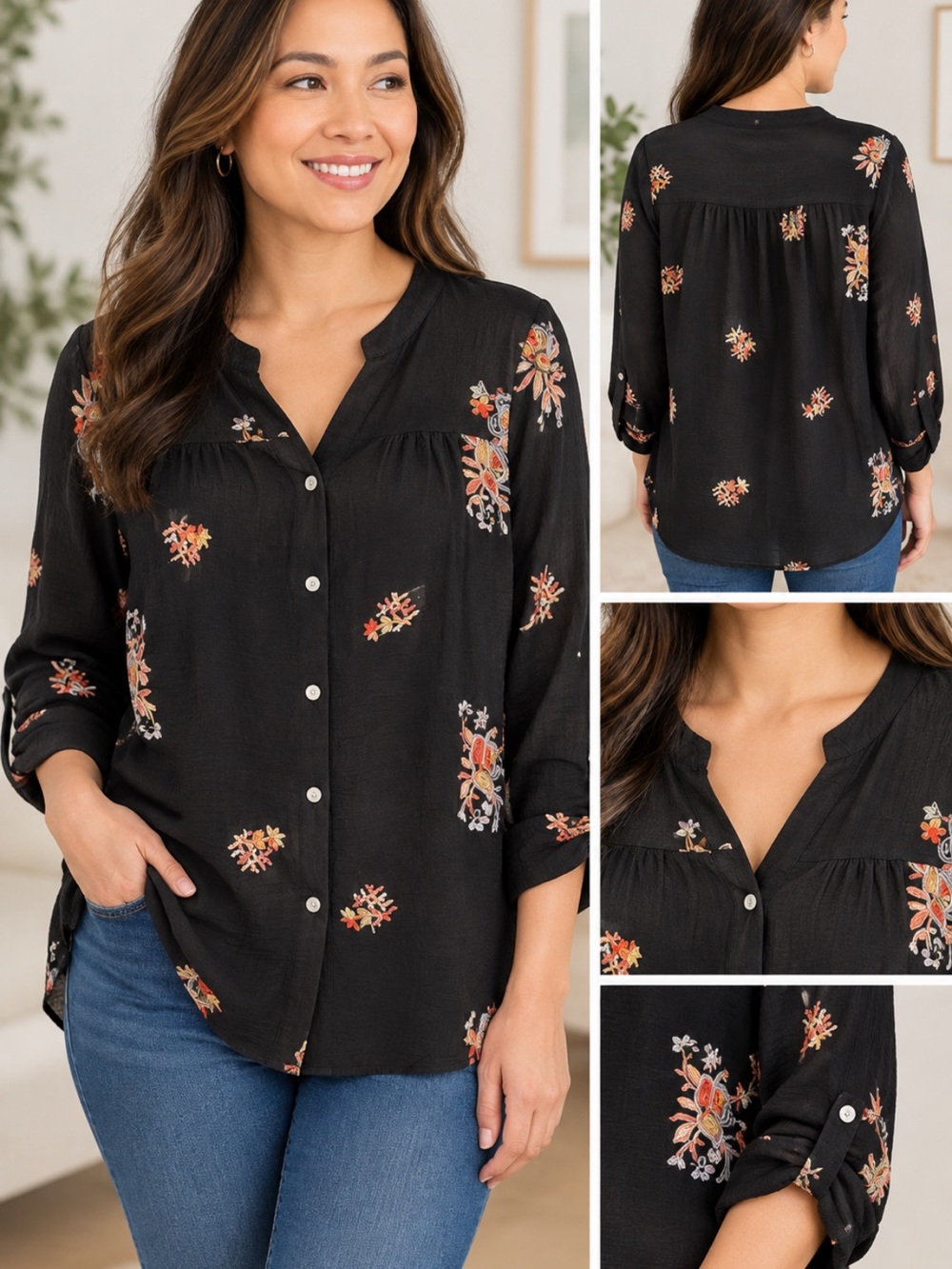 Ana & Rose Women's Black Floral Button-Front Blouse 1X